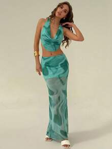 Aloruh 女士扎染露背吊带上衣和半身裙性感两件套，适合约会和度假 - 藍白色 - 查看 5