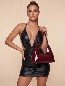 Bolso de hombro en forma de media luna de estilo coreano con acabado de laca roja y, bolso de mano de señora, bolso de estilo elegante debajo del brazo, de buena calidad - Burdeos - Ver 3