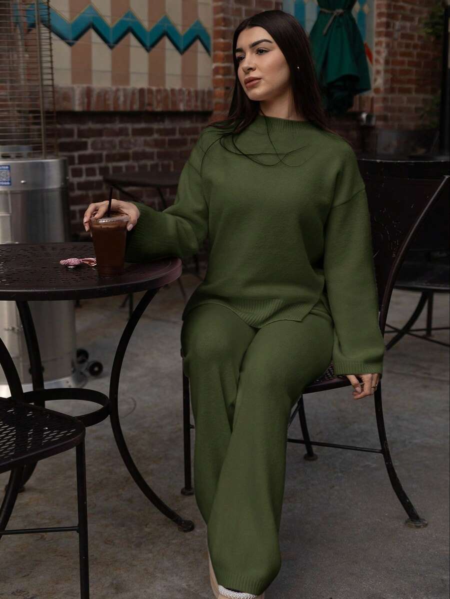 Andrea Bello 2pcs Women Knit Sweater Set - Crew Neck Pullover Sweater & Long Pants Fall Winter Cloth For Women - Army Green - View 1
