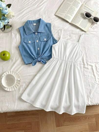 2件套少女牛仔背心和彩色印花吊带连衣裙套装，春夏款