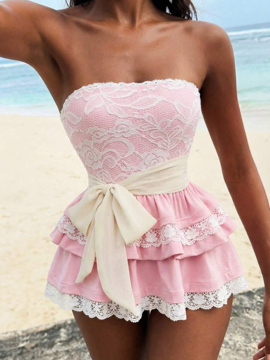 Elegant Sexy Pink Knit With White Lace Trim Camisole, Spring/Summer - Pink - View 1