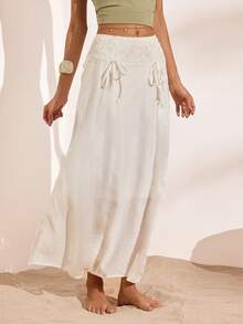 Nevyona Casual Minimalist Mid-Waist Lace Waistband Skirt For Women, Spring/Summer - White - View 3