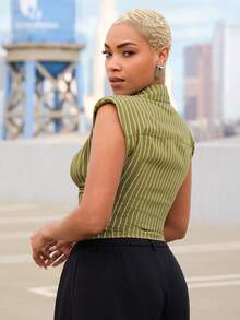 Vixey Stripe Plunge Neck Line Pointed Collar Hook And Eye Padded Shoulder Top - Olive Green - View 5