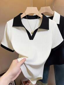 SHEIN ChicEase Camiseta feminina casual de manga curta com patchwork, versátil para uso diário. Blusa preta e branca com blocos de cores. Blusas femininas de manga curta. Blusas femininas para o escritório. Blusas pretas e brancas. Blusas femininas elegantes. Blusas pretas e brancas de manga curta. Blusas fofas. Looks para o trabalho. Roupas femininas para o trabalho. Trajes femininos para o escritório. Looks femininos para trabalhar em casa. Looks para iate. Looks curtos femininos. Looks femininos de verão. Conjuntos elegantes femininos. Looks bonitos femininos. Looks da moda. - Preto e Branco - Ver 9