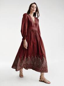 Aveloria Modichic New Elegant Waist-Cinched V-Neck Single-Sided Embroidered Petal Sleeve Long Dress - Multicolor - View 5