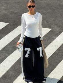 Muchica Women's Elastic Waist Numeric Print Casual Versatile Daily Wear Sweatpants - Navy Blue - View 5