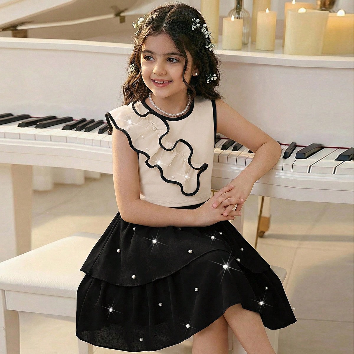 Conjunto de 2 piezas para niñas con blusa sin mangas con volantes asimétricos y perlas y falda de pastel de doble capa con perlas, para fiestas y re