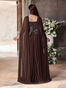 Aureia Đầm dạ hội sang trọng, màu nâu cà phê, cổ hình trái tim, tay bồng, thêu đính cườm, thiết kế xếp nếp, dáng chữ A, phù hợp cho mọi dịp trang trọng, mùa cưới, dạ tiệc (thiết kế được trang trí cầu kỳ). - Cà phê nâu - Xem 5
