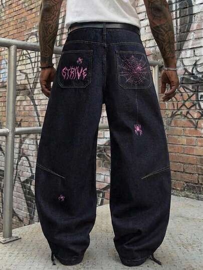 AXEPEAK Men's Casual Fashion Street Spider Letter Embroidery Loose Flared Jeans
