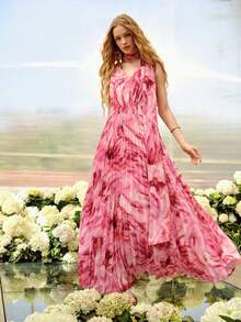 MOTF PREMIUM ROCHIE ROMANTICĂ CU DECOLARE ÎN V ȘI VOLANELE, PLISATĂ, POTRIVITĂ PENTRU ÎNTÂLNIRI DE PRIMĂVARĂ/VARĂ - Roz - Vizualizare 5