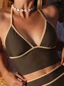 Swim Mod 2026春夏吊带蓝杏色撞色三角杯高腰短裤甜美女士两件式比基尼泳装 - 棕色 - 查看 6