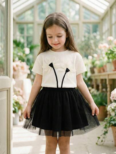 Elladie kids 2pcs/Set Toddler Girls' Summer Outfit, Apricot Knit Round Neck Short Sleeve T-Shirt With 3D Floral Decor, Paired With Black Mesh Skirt, Sweet And Lively. Delicate Details, Fresh Style With A Playful Touch, Suitable For Young GirlDaily Wear.