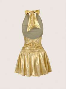 Franclia 优雅性感夏日连衣裙，闪亮金色面料垂褶露背迷你连衣裙，百搭时尚休闲连衣裙，适合海滩、音乐节、约会、情人节、派对等场合。金色鸡尾酒会礼服，金属质感连衣裙，吊带连衣裙，金色连衣裙，女士金色套装，金色金属质感连衣裙，女士金色连衣裙，金色吊带连衣裙，金属质感鸡尾酒会礼服，金色短款连衣裙，褶皱金色连衣裙，闪光金色连衣裙 - 金色 - 查看 4