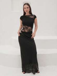 Duda Rubert Women's Contrast Lace Bodysuit With Capped Sleeves, Slim Fit & Sexy - Black - View 1