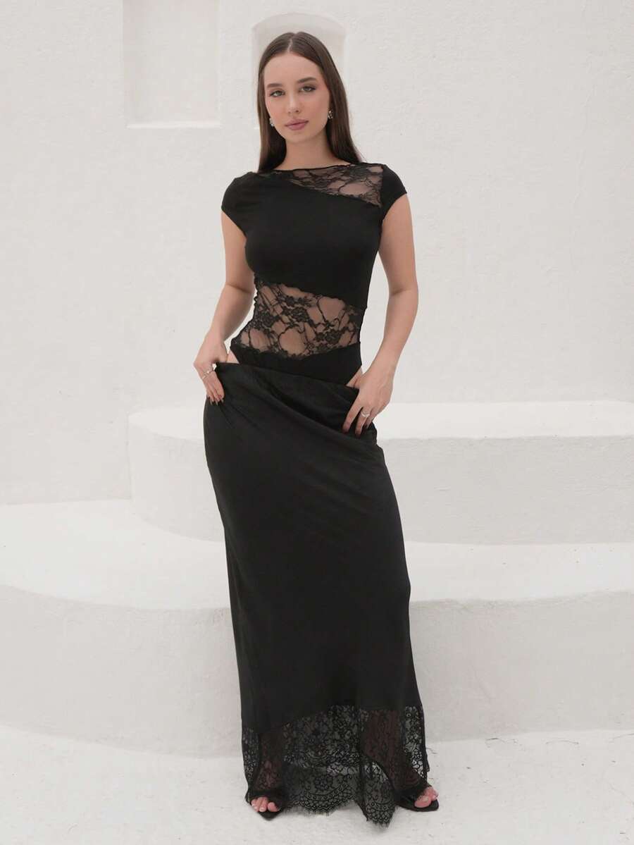 Duda Rubert Women's Contrast Lace Bodysuit With Capped Sleeves, Slim Fit & Sexy - Black - View 1