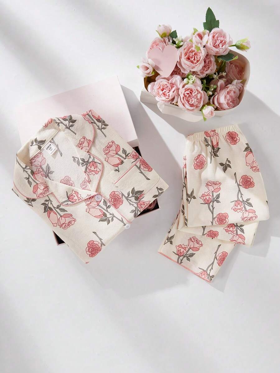 Tween Girls 2 Pieces Pajama Set,Pink Floral Rose Print Elegant Autumn Nightwear,Long Sleeve Button Front Top & Pants,Cozy Home Sleepwear Gift,Sleep - Apricot - View 1