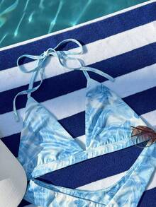 INAWLY 女士吊带系带上衣和三角裤性感两件套沙滩装 - 藍色 - 查看 5