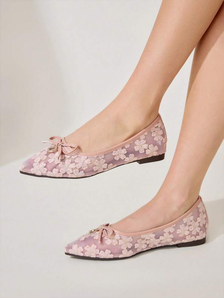 CUCCOO CHICEST Pointed Toe Mesh Breathable Bow Lace Ballet Shoes, Elegant Fairy Style Versatile Pink Flat Shoes Elegant Shoes Wedding Shoes