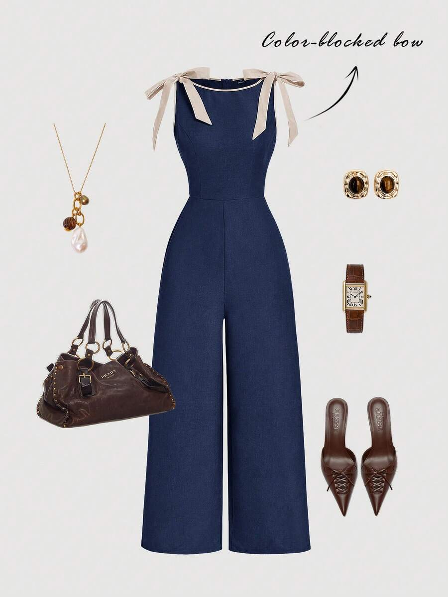 SHEIN MOD Bộ jumpsuit kaki không tay cổ tròn với viền tương phản, điểm nhấn nơ, thiết kế eo thon và chân váy xòe – Phong cách cổ điển, sang trọng, phù hợp cho công sở, đi học, hẹn hò, dự tiệc, lễ hội và sinh nhật. - Màu xanh hải quân - Xem 1