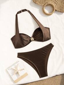 Swim Chiccia Bộ 2 món đồ bơi mùa hè cho nữ, màu cà phê trơn, áo bikini dây buộc cổ và quần short, phụ kiện kim loại, bộ đồ bơi nữ. - Cà phê nâu - Xem 7