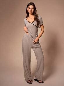 Lazeform Women's Casual Comfortable Knit Contrast Color Cross V-Neck Fitted Short Sleeve Top And Pants Homewear Set - Mocha Brown - View 4