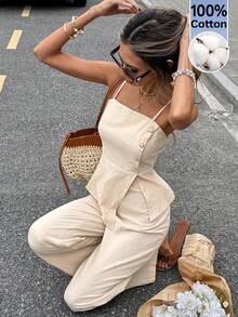 Serisse Women's Solid Color Slit Asymmetrical Hem Camisole And Wide Leg Pants Casual 2 Pieces Set - Apricot - View 5