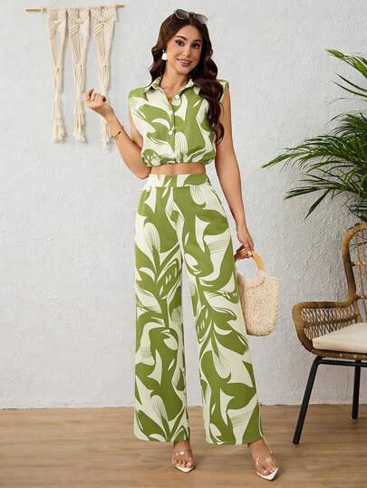 Sets De Dos Piezas Para Mujer Estilo Bohemio Con Blusa Sin Mangas y Pantalones De Pierna Ancha Con Estampado Todo