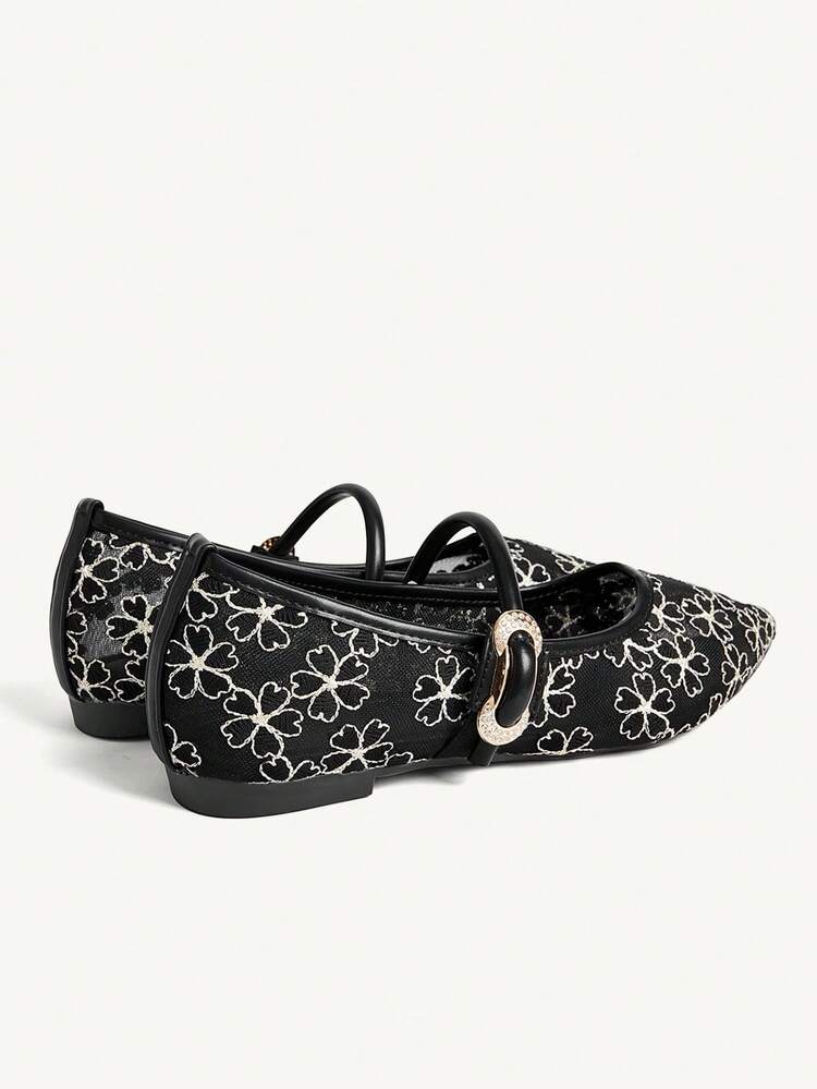 CUCCOO CHICEST Pointed Toe Mesh Breathable Lace Mary Jane Shoes, Elegant Lady-Like Versatile Black Shoes Wedding Shoes