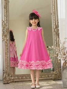 Đầm dệt phối màu cho bé gái tuổi teen, kiểu dáng thường ngày, có nơ và bèo nhún. - Hồng - Xem 2