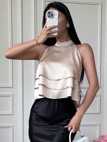 DAZY Blusa sin mangas de unicolor de estilo casual para mujer - Albaricoque - Ver 3
