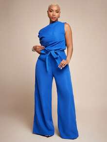Vixey Woven Asymmetrical Draped Neckline Keyhole Back Self Belt Flare Leg Jumpsuit - Royal Blue - View 4