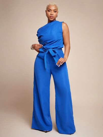Vixey Woven Asymmetrical Draped Neckline Keyhole Back Self Belt Flare Leg Jumpsuit
