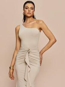 Olia Maree Women's Elegant Beige Summer One Shoulder Maxi Dress, Bodycon Ruched Waist Design With Metal Ring Decor,Formal Long Dress For Day Party,Classic - Khaki - View 6