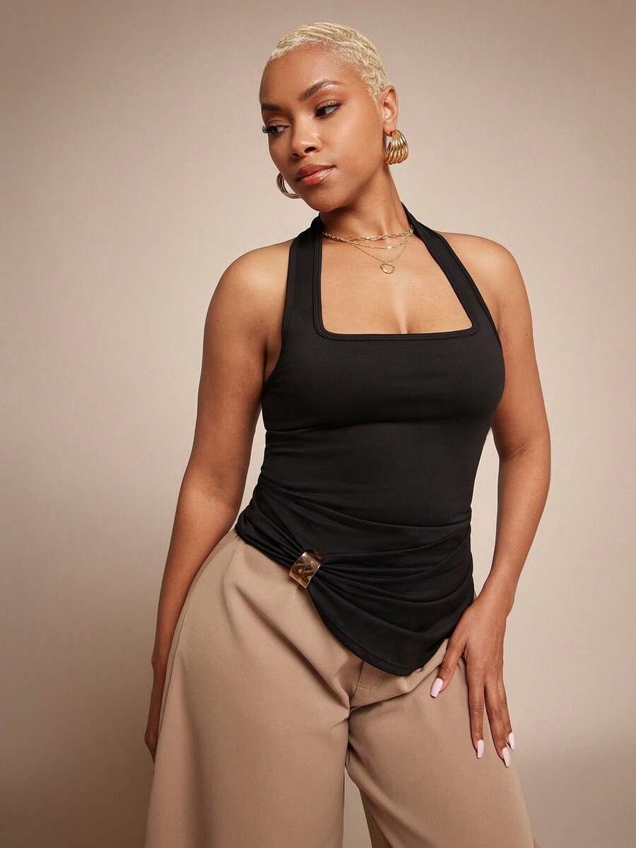 Vixey Solid Jersey Halter Neck Asymmetrical Hem Metal Trim Top - Black - View 1