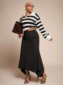 Vixey Slight Stretch High Waist Asymmetrical Hem Office Skirt - Black - View 3