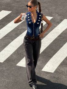 Muchica Áo gile ngắn denim nữ, hàng mới về, áo khoác không tay ôm dáng đa năng có cúc, màu trơn. - Rửa tối - Xem 4