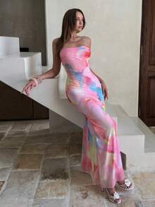 Aloruh Women's Tie-Dye Pattern Strapless Fishtail Hem Fitted Fashionable Dress - Multicolor - View 3