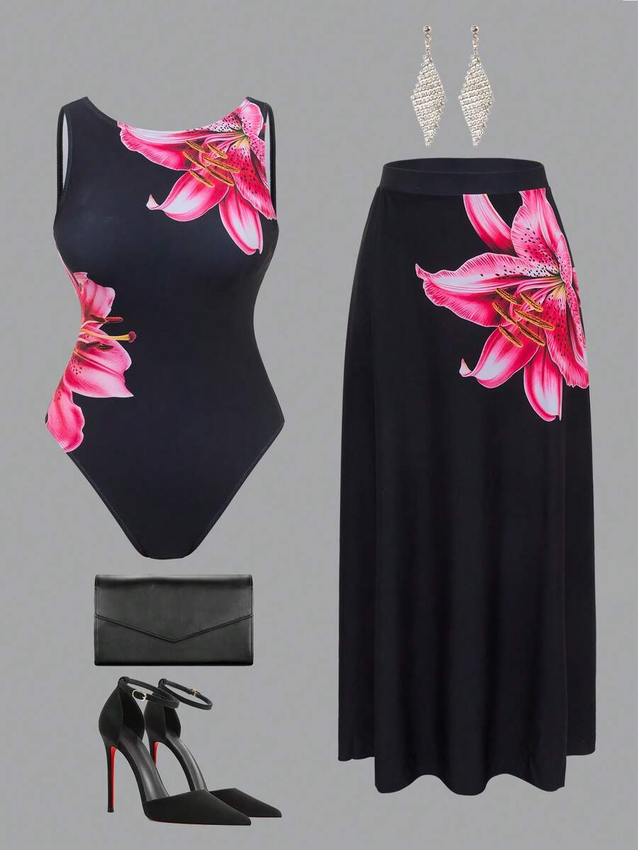 Swim Oasis Bộ áo tắm liền thân in hoa dành cho nữ, kèm váy cùng màu, thích hợp cho kỳ nghỉ biển, tiệc bể bơi và các buổi tiệc bãi biển. - Nhiều màu - Xem 1