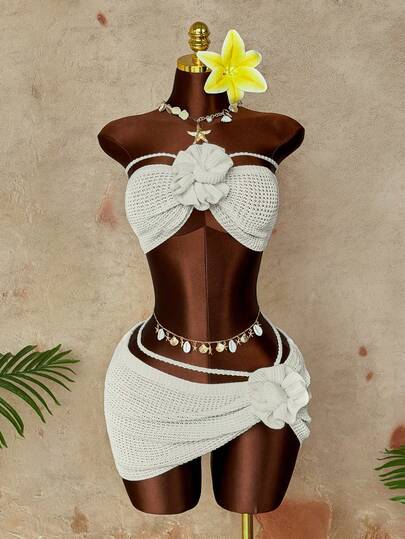 Sunspun Plus Size Women's Hollow Out Tie Crochet Flower Knit Top + Crochet Flower Knit Mini Skirt 2 Piece Set, Suitable For Beach Vacation, Spring/Summer/Autumn, Vacation Style Knit 2-Piece Set