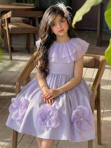 SHEIN Young Girl Woven Solid Color Ruffle Floral Casual Dress - Purple - View 11