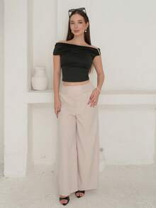 Duda Rubert 夏季裤子女士条纹抽绳腰直筒宽松休闲裤 - 杏色 - 查看 1