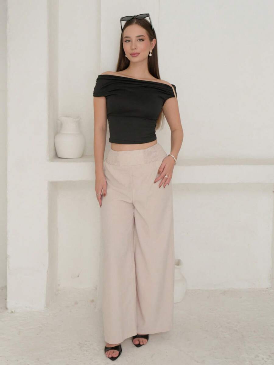 Duda Rubert 夏季裤子女士条纹抽绳腰直筒宽松休闲裤 - 杏色 - 查看 1