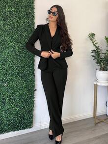 Andrea Bello 3 件套：深蓝色长袖西装外套、背心和裤子，性感通勤约会装，秋冬 - 黑色 - 查看 1