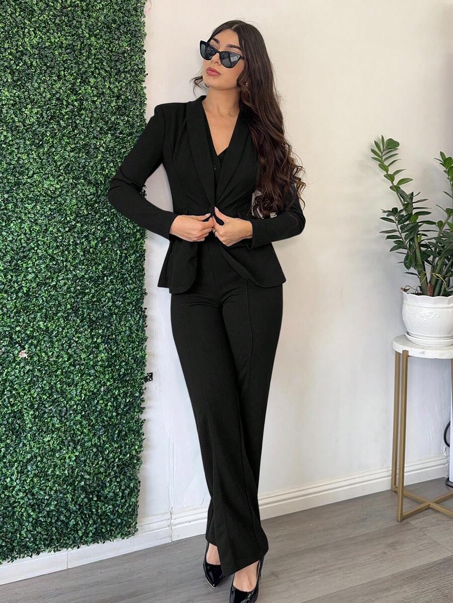 Andrea Bello 3 件套：深蓝色长袖西装外套、背心和裤子，性感通勤约会装，秋冬 - 黑色 - 查看 1