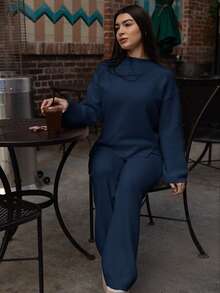 Andrea Bello 2 件套女式纯色立领长袖套头衫和裤子休闲毛衣套装 - 藏蓝色 - 查看 5