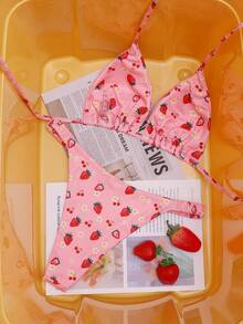 Swim Mod 女士两件式泳衣，时尚可爱水果印花三角上衣，挂脖式设计，搭配普通泳裤，成人沙滩装 - 彩色 - 查看 3