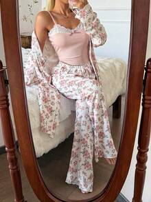 SHEIN 3pcs Floral Print Robe Set: Jacket, Camisole With Bow Tie, And Romantic Print Pants - Multicolor - View 1