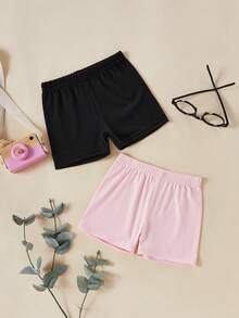 SHEIN Vintaside Kids 2件套少女可爱舒适多色打底裤，适合春夏休闲、运动和休闲穿着，简约舒适白色短裤套装 - 彩色 - 查看 3
