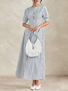 Briarwyn 女士优雅单排扣条纹连衣裙，女士夏季连衣裙，夏季服装，夏季度假服装，女士春季服装，女士度假服装，女士海滩度假服装，外出服装，优雅女士礼服，度假连衣裙，沙滩连衣裙，奢华优雅连衣裙 - 黑與白 - 查看 7