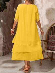 EMERY ROSE Plus Size Casual Dress, White Round Neck Unbutton Asymmetrical Flowy Hem, Bohemian Style, Suitable For Spring & Summer - Pale Yellow - View 2
